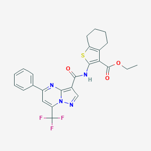 molecular formula C25H21F3N4O3S B403875 Ethyl 2-({[5-phenyl-7-(trifluoromethyl)pyrazolo[1,5-a]pyrimidin-3-yl]carbonyl}amino)-4,5,6,7-tetrahydro-1-benzothiophene-3-carboxylate 