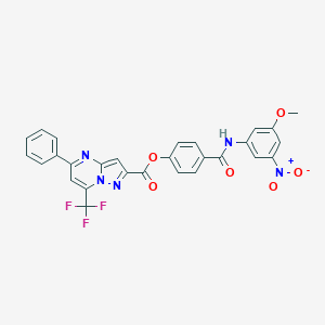 molecular formula C28H18F3N5O6 B403878 4-({[3-Nitro-5-(methyloxy)phenyl]amino}carbonyl)phenyl 5-phenyl-7-(trifluoromethyl)pyrazolo[1,5-a]pyrimidine-2-carboxylate 