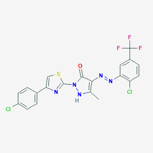 molecular formula C20H12Cl2F3N5OS B403910 (4E)-2-[4-(4-chlorophenyl)-1,3-thiazol-2-yl]-4-{2-[2-chloro-5-(trifluoromethyl)phenyl]hydrazinylidene}-5-methyl-2,4-dihydro-3H-pyrazol-3-one 