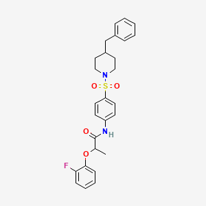 molecular formula C27H29FN2O4S B4040509 N-{4-[(4-benzyl-1-piperidinyl)sulfonyl]phenyl}-2-(2-fluorophenoxy)propanamide 