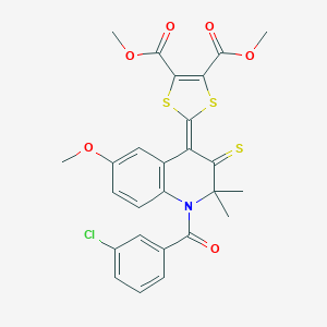 molecular formula C26H22ClNO6S3 B404210 dimethyl 2-(1-(3-chlorobenzoyl)-6-methoxy-2,2-dimethyl-3-thioxo-2,3-dihydro-4(1H)-quinolinylidene)-1,3-dithiole-4,5-dicarboxylate 