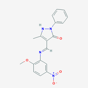 molecular formula C18H16N4O4 B404413 4-({5-nitro-2-methoxyanilino}methylene)-5-methyl-2-phenyl-2,4-dihydro-3H-pyrazol-3-one CAS No. 331818-13-4