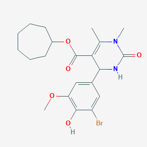 molecular formula C21H27BrN2O5 B404464 Cycloheptyl 4-(3-bromo-4-hydroxy-5-methoxyphenyl)-1,6-dimethyl-2-oxo-1,2,3,4-tetrahydropyrimidine-5-carboxylate 