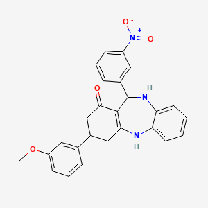 molecular formula C26H23N3O4 B4045126 3-(3-methoxyphenyl)-11-(3-nitrophenyl)-2,3,4,5,10,11-hexahydro-1H-dibenzo[b,e][1,4]diazepin-1-one 