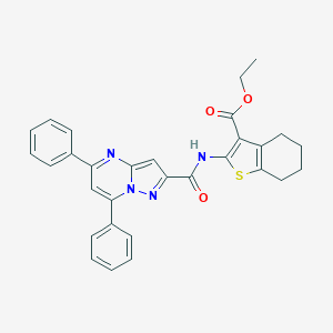 molecular formula C30H26N4O3S B404519 Ethyl 2-{[(5,7-diphenylpyrazolo[1,5-a]pyrimidin-2-yl)carbonyl]amino}-4,5,6,7-tetrahydro-1-benzothiophene-3-carboxylate 