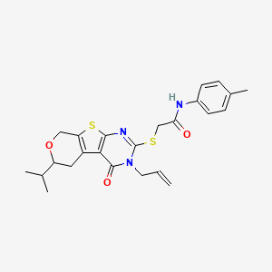 molecular formula C24H27N3O3S2 B4045272 N-(4-methylphenyl)-2-[(3-oxo-12-propan-2-yl-4-prop-2-enyl-11-oxa-8-thia-4,6-diazatricyclo[7.4.0.02,7]trideca-1(9),2(7),5-trien-5-yl)sulfanyl]acetamide 