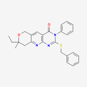 5-benzylsulfanyl-13-ethyl-13-methyl-6-phenyl-12-oxa-2,4,6-triazatricyclo[8.4.0.03,8]tetradeca-1,3(8),4,9-tetraen-7-one