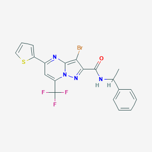 molecular formula C20H14BrF3N4OS B404709 3-bromo-N-(1-phenylethyl)-5-(2-thienyl)-7-(trifluoromethyl)pyrazolo[1,5-a]pyrimidine-2-carboxamide 