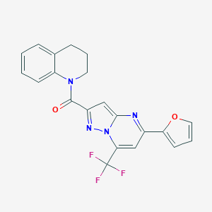 molecular formula C21H15F3N4O2 B404710 (3,4-Dihydro-2H-quinolin-1-yl)-(5-furan-2-yl-7-trifluoromethyl-pyrazolo[1,5-a]pyrimidin-2-yl)-methanone 