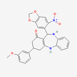 molecular formula C27H23N3O6 B4047318 3-(3-methoxyphenyl)-11-(6-nitro-1,3-benzodioxol-5-yl)-2,3,4,5,10,11-hexahydro-1H-dibenzo[b,e][1,4]diazepin-1-one 