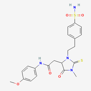 molecular formula C21H24N4O5S2 B4047358 N-(4-methoxyphenyl)-2-{1-methyl-5-oxo-3-[2-(4-sulfamoylphenyl)ethyl]-2-thioxoimidazolidin-4-yl}acetamide 