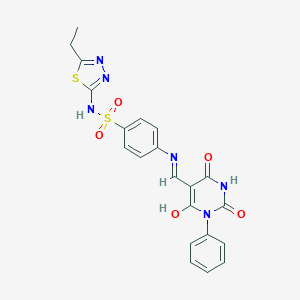 molecular formula C21H18N6O5S2 B404765 N-(5-ethyl-1,3,4-thiadiazol-2-yl)-4-[[(Z)-(2,4,6-trioxo-1-phenyl-1,3-diazinan-5-ylidene)methyl]amino]benzenesulfonamide 