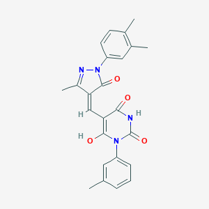molecular formula C24H22N4O4 B404769 5-{[1-(3,4-dimethylphenyl)-3-methyl-5-oxo-1,5-dihydro-4H-pyrazol-4-ylidene]methyl}-6-hydroxy-3-(3-methylphenyl)-2,4(1H,3H)-pyrimidinedione 
