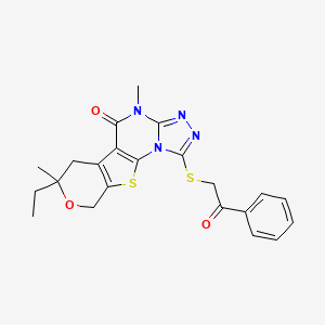 molecular formula C22H22N4O3S2 B4047812 12-ethyl-7,12-dimethyl-3-phenacylsulfanyl-13-oxa-16-thia-2,4,5,7-tetrazatetracyclo[7.7.0.02,6.010,15]hexadeca-1(9),3,5,10(15)-tetraen-8-one 