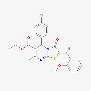 molecular formula C24H21ClN2O4S B404828 ethyl 5-(4-chlorophenyl)-2-(2-methoxybenzylidene)-7-methyl-3-oxo-2,3-dihydro-5H-[1,3]thiazolo[3,2-a]pyrimidine-6-carboxylate 