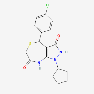 molecular formula C17H18ClN3O2S B4048525 4-(4-chlorophenyl)-1-cyclopentyl-3-hydroxy-4,8-dihydro-1H-pyrazolo[3,4-e][1,4]thiazepin-7(6H)-one 