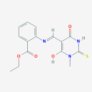 molecular formula C15H15N3O4S B4049761 ethyl 2-{[(1-methyl-4,6-dioxo-2-thioxotetrahydro-5(2H)-pyrimidinylidene)methyl]amino}benzoate 