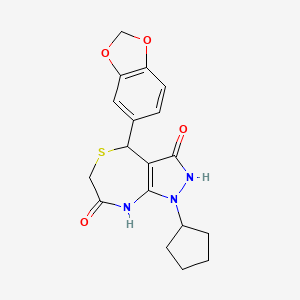 molecular formula C18H19N3O4S B4050103 4-(1,3-benzodioxol-5-yl)-1-cyclopentyl-3-hydroxy-4,8-dihydro-1H-pyrazolo[3,4-e][1,4]thiazepin-7(6H)-one 