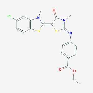 molecular formula C21H18ClN3O3S2 B405035 ethyl 4-{[5-(5-chloro-3-methyl-1,3-benzothiazol-2(3H)-ylidene)-3-methyl-4-oxo-1,3-thiazolidin-2-ylidene]amino}benzoate 