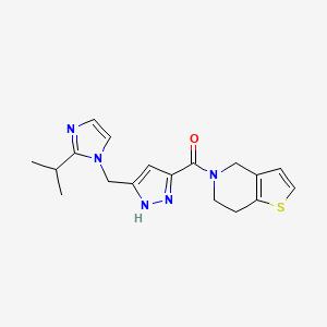 molecular formula C18H21N5OS B4050368 6,7-dihydro-4H-thieno[3,2-c]pyridin-5-yl-[5-[(2-propan-2-ylimidazol-1-yl)methyl]-1H-pyrazol-3-yl]methanone 