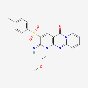 6-imino-7-(2-methoxyethyl)-11-methyl-5-(4-methylphenyl)sulfonyl-1,7,9-triazatricyclo[8.4.0.03,8]tetradeca-3(8),4,9,11,13-pentaen-2-one