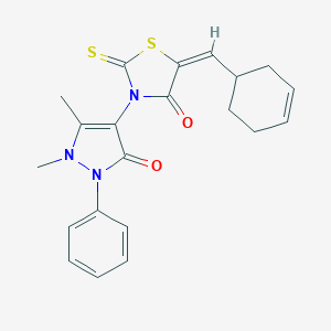 molecular formula C21H21N3O2S2 B405058 (5E)-5-(3-cyclohexen-1-ylmethylene)-3-(1,5-dimethyl-3-oxo-2-phenyl-2,3-dihydro-1H-pyrazol-4-yl)-2-thioxo-1,3-thiazolidin-4-one 