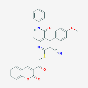 molecular formula C32H23N3O5S B405066 5-cyano-4-(4-methoxyphenyl)-2-methyl-6-[2-oxo-2-(2-oxochromen-3-yl)ethyl]sulfanyl-N-phenylpyridine-3-carboxamide CAS No. 328540-15-4