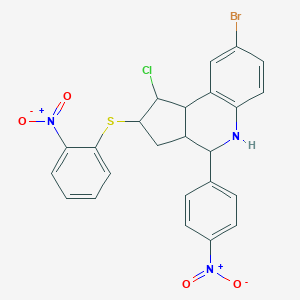 molecular formula C24H19BrClN3O4S B405072 8-bromo-1-chloro-4-{4-nitrophenyl}-2-({2-nitrophenyl}sulfanyl)-2,3,3a,4,5,9b-hexahydro-1H-cyclopenta[c]quinoline 