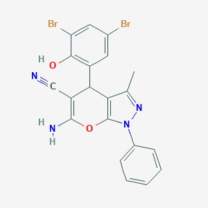 molecular formula C20H14Br2N4O2 B405086 6-Amino-4-(3,5-dibromo-2-hydroxyphenyl)-3-methyl-1-phenyl-1,4-dihydropyrano[2,3-c]pyrazole-5-carbonitrile 