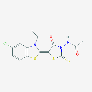 molecular formula C14H12ClN3O2S3 B405100 N-[5-(5-Chloro-3-ethyl-3H-benzothiazol-2-ylidene)-4-oxo-2-thioxo-thiazolidin-3-yl]-acetamide 