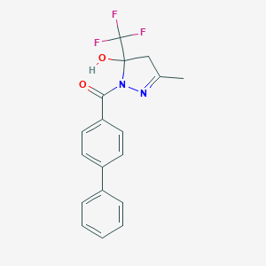 molecular formula C18H15F3N2O2 B405217 2-Pyrazolin-5-ol, 5-trifluoromethyl-3-methyl-1-(4-phenylbenzoyl)- 
