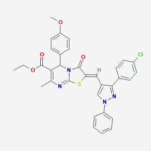 molecular formula C33H27ClN4O4S B405235 ethyl 2-{[3-(4-chlorophenyl)-1-phenyl-1H-pyrazol-4-yl]methylene}-5-(4-methoxyphenyl)-7-methyl-3-oxo-2,3-dihydro-5H-[1,3]thiazolo[3,2-a]pyrimidine-6-carboxylate 