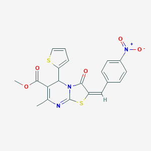 molecular formula C20H15N3O5S2 B405238 methyl 2-{4-nitrobenzylidene}-7-methyl-3-oxo-5-(2-thienyl)-2,3-dihydro-5H-[1,3]thiazolo[3,2-a]pyrimidine-6-carboxylate 
