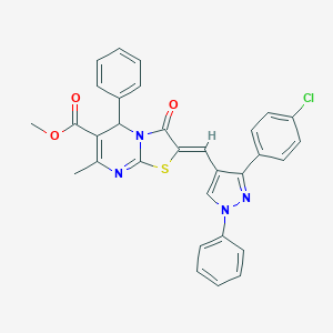 molecular formula C31H23ClN4O3S B405243 methyl 2-{[3-(4-chlorophenyl)-1-phenyl-1H-pyrazol-4-yl]methylene}-7-methyl-3-oxo-5-phenyl-2,3-dihydro-5H-[1,3]thiazolo[3,2-a]pyrimidine-6-carboxylate 