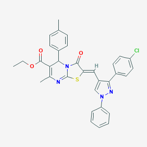 molecular formula C33H27ClN4O3S B405245 ethyl 2-{[3-(4-chlorophenyl)-1-phenyl-1H-pyrazol-4-yl]methylene}-7-methyl-5-(4-methylphenyl)-3-oxo-2,3-dihydro-5H-[1,3]thiazolo[3,2-a]pyrimidine-6-carboxylate 