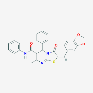 molecular formula C28H21N3O4S B405246 (2E)-2-(1,3-benzodioxol-5-ylmethylidene)-7-methyl-3-oxo-N,5-diphenyl-5H-[1,3]thiazolo[3,2-a]pyrimidine-6-carboxamide CAS No. 324072-21-1