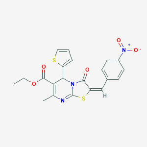 molecular formula C21H17N3O5S2 B405247 ethyl (2E)-7-methyl-2-[(4-nitrophenyl)methylidene]-3-oxo-5-thiophen-2-yl-5H-[1,3]thiazolo[3,2-a]pyrimidine-6-carboxylate CAS No. 324072-31-3