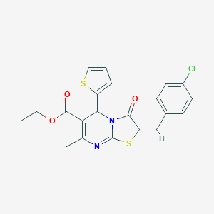 molecular formula C21H17ClN2O3S2 B405248 ethyl (2E)-2-[(4-chlorophenyl)methylidene]-7-methyl-3-oxo-5-thiophen-2-yl-5H-[1,3]thiazolo[3,2-a]pyrimidine-6-carboxylate CAS No. 306309-84-2
