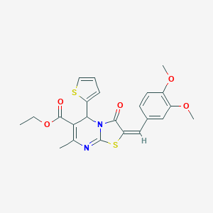 molecular formula C23H22N2O5S2 B405253 ethyl (2E)-2-(3,4-dimethoxybenzylidene)-7-methyl-3-oxo-5-(thiophen-2-yl)-2,3-dihydro-5H-[1,3]thiazolo[3,2-a]pyrimidine-6-carboxylate 