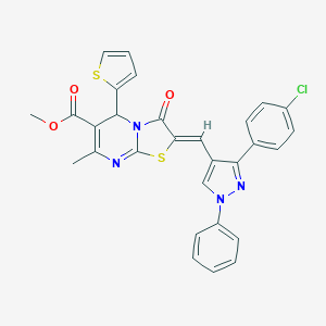 molecular formula C29H21ClN4O3S2 B405260 methyl 2-{[3-(4-chlorophenyl)-1-phenyl-1H-pyrazol-4-yl]methylene}-7-methyl-3-oxo-5-(2-thienyl)-2,3-dihydro-5H-[1,3]thiazolo[3,2-a]pyrimidine-6-carboxylate 