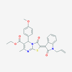 molecular formula C28H25N3O5S B405261 Ethyl (2Z)-2-(1-allyl-2-oxo-1,2-dihydro-3H-indol-3-ylidene)-5-(4-methoxyphenyl)-7-methyl-3-oxo-2,3-dihydro-5H-[1,3]thiazolo[3,2-A]pyrimidine-6-carboxylate 