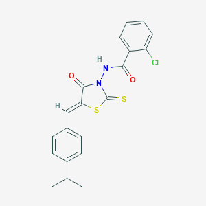 molecular formula C20H17ClN2O2S2 B405270 2-chloro-N-[5-(4-isopropylbenzylidene)-4-oxo-2-thioxo-1,3-thiazolidin-3-yl]benzamide 
