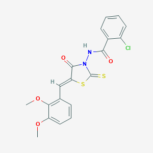 molecular formula C19H15ClN2O4S2 B405273 2-chloro-N-[5-(2,3-dimethoxybenzylidene)-4-oxo-2-thioxo-1,3-thiazolidin-3-yl]benzamide 