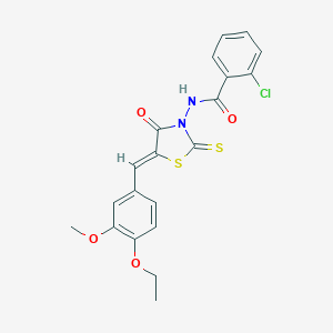 molecular formula C20H17ClN2O4S2 B405274 2-chloro-N-[5-(4-ethoxy-3-methoxybenzylidene)-4-oxo-2-thioxo-1,3-thiazolidin-3-yl]benzamide 