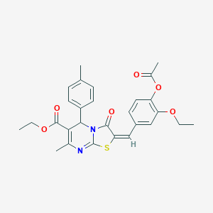 molecular formula C28H28N2O6S B405282 ethyl 2-[4-(acetyloxy)-3-ethoxybenzylidene]-7-methyl-5-(4-methylphenyl)-3-oxo-2,3-dihydro-5H-[1,3]thiazolo[3,2-a]pyrimidine-6-carboxylate 