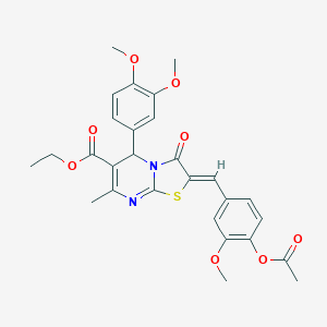 molecular formula C28H28N2O8S B405284 ethyl 2-[4-(acetyloxy)-3-methoxybenzylidene]-5-(3,4-dimethoxyphenyl)-7-methyl-3-oxo-2,3-dihydro-5H-[1,3]thiazolo[3,2-a]pyrimidine-6-carboxylate 
