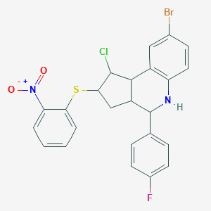 molecular formula C24H19BrClFN2O2S B405319 8-bromo-1-chloro-4-(4-fluorophenyl)-2-({2-nitrophenyl}sulfanyl)-2,3,3a,4,5,9b-hexahydro-1H-cyclopenta[c]quinoline 