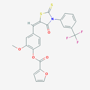 molecular formula C23H14F3NO5S2 B405331 2-Methoxy-4-({4-oxo-2-thioxo-3-[3-(trifluoromethyl)phenyl]-1,3-thiazolidin-5-ylidene}methyl)phenyl 2-furoate 