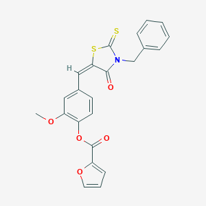 molecular formula C23H17NO5S2 B405332 4-[(E)-(3-benzyl-4-oxo-2-thioxo-1,3-thiazolidin-5-ylidene)methyl]-2-methoxyphenyl furan-2-carboxylate 