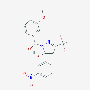 molecular formula C18H14F3N3O5 B405354 5-{3-nitrophenyl}-1-(3-methoxybenzoyl)-3-(trifluoromethyl)-4,5-dihydro-1H-pyrazol-5-ol 